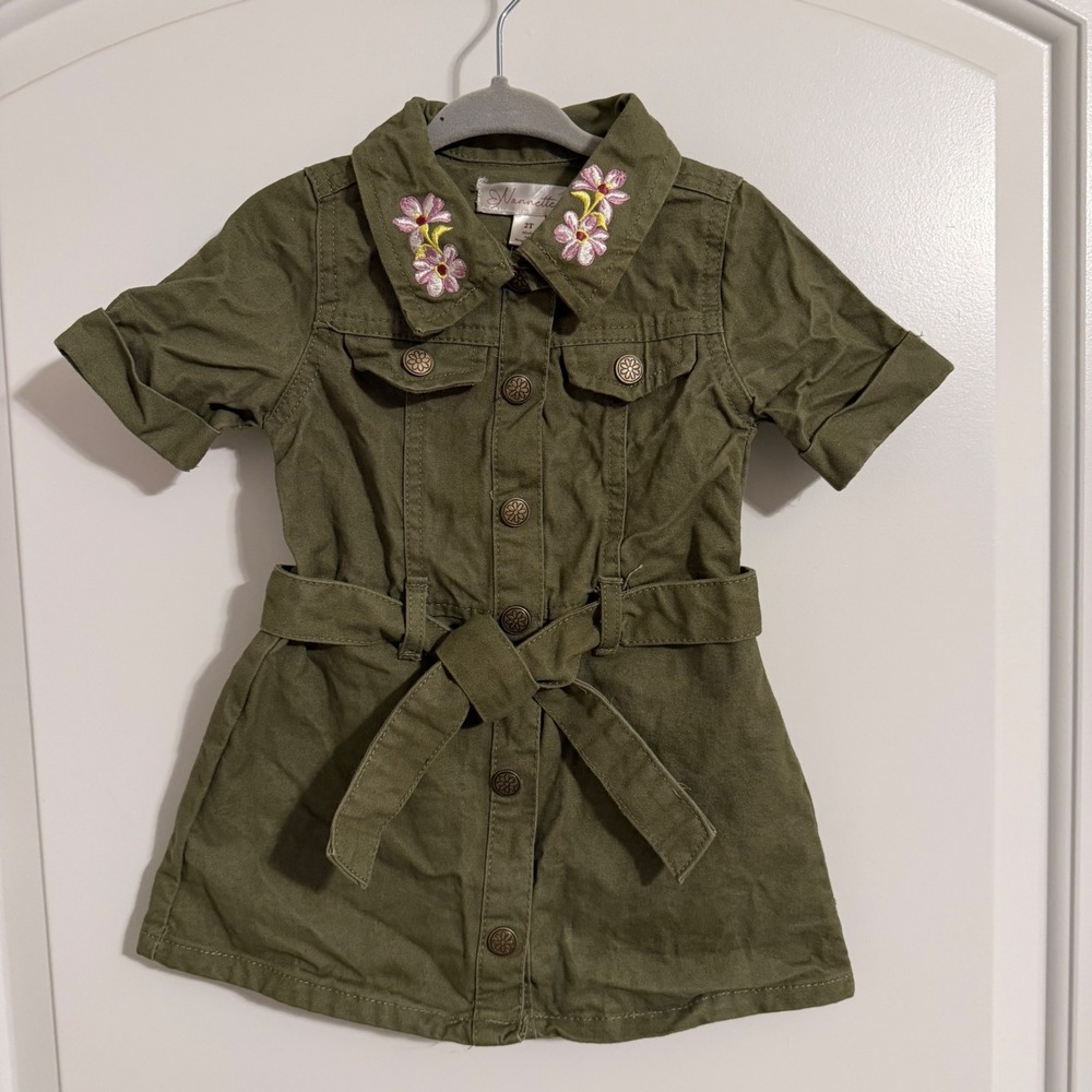 Nannette Girls 2T Olive Green Floral Embroidered Utility Button Front Dress